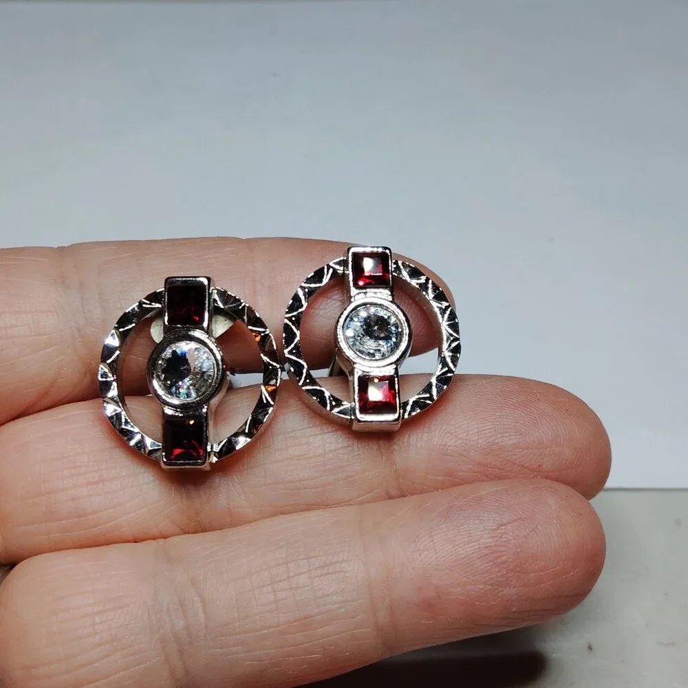 Vintage-Style Red & Clear Rhinestone Cufflinks Silver Tone 1